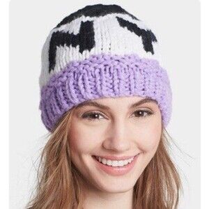 BCBGeneration Hat LA NY Knit Purple White Black City Winter Beanie Crochet Cozy